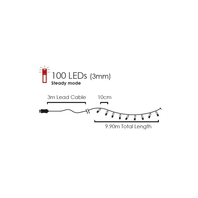 100 Led (3mm) Θερμά με Πράσινο Καλώδιο (100WWE44TGL)