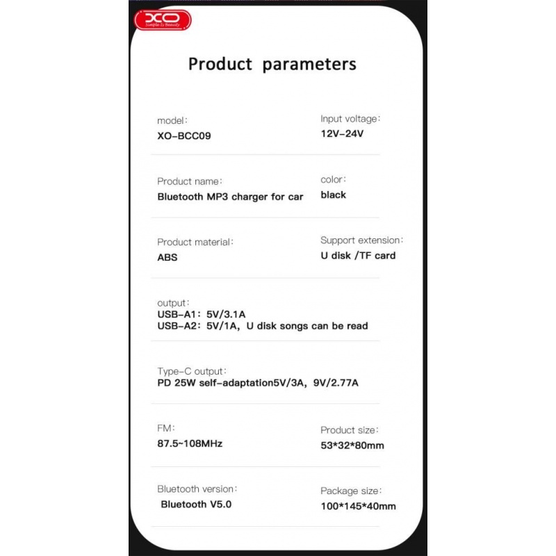 XO BCC09 Φορτιστής Αυτοκινήτου Bluetooth MP3 με TF Card Slot + PD 25W Μαύρο
