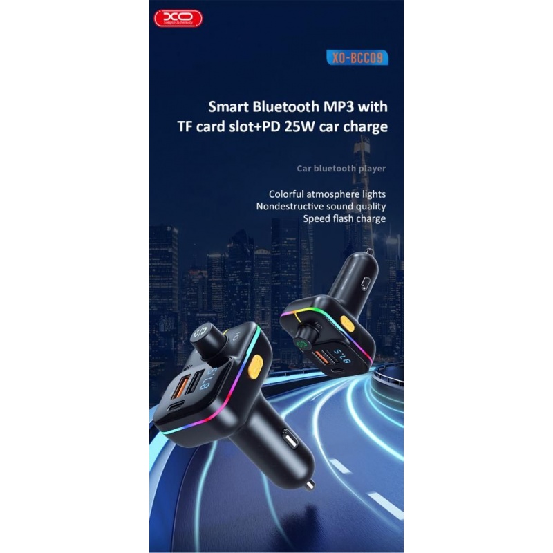 XO BCC09 Φορτιστής Αυτοκινήτου Bluetooth MP3 με TF Card Slot + PD 25W Μαύρο