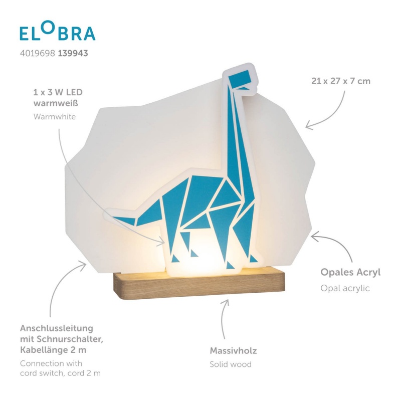 Elobra Led Παιδικό Πορτατίφ Δεινόσαυρος Μπλε Dinos (139943)