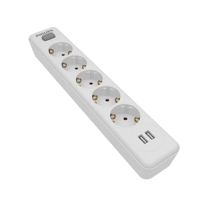 Philips Πολύπριζο 5 Θέσεων + 2 USB με διακόπτη & καλώδιο Braided  2m Λευκό (SPN3052WA)
