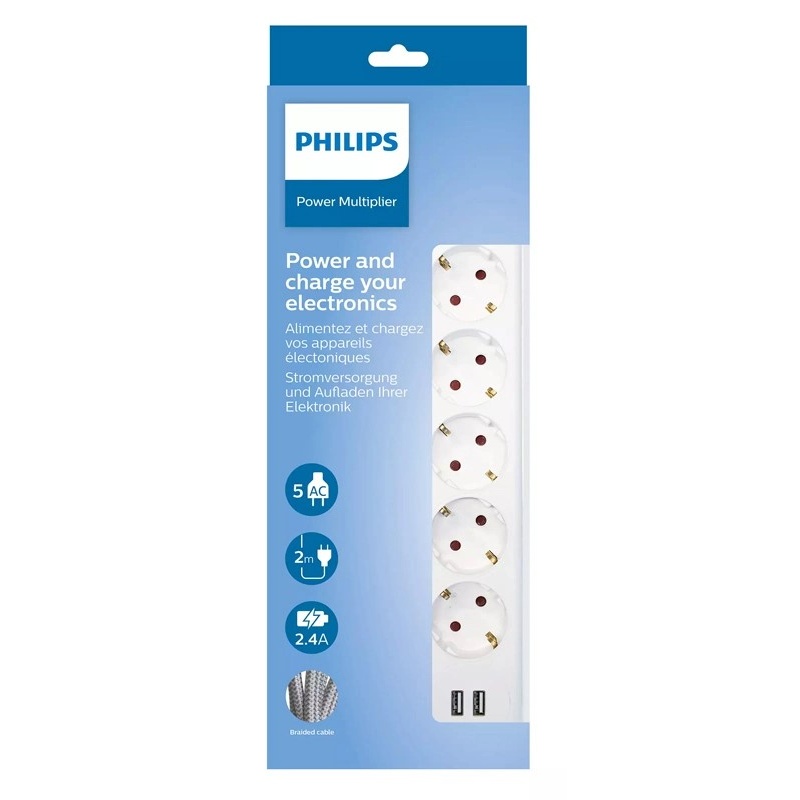 Philips Πολύπριζο 5 Θέσεων + 2 USB με διακόπτη & καλώδιο Braided  2m Λευκό (SPN3052WA)
