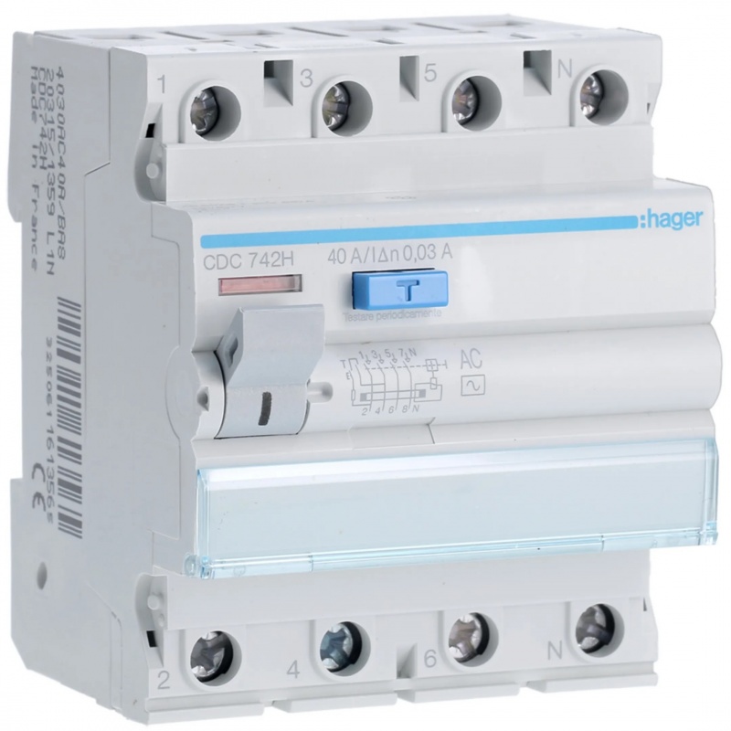Hager Ρελέ Διαρροής AC 30mA 40A 4P (CDC742H)
