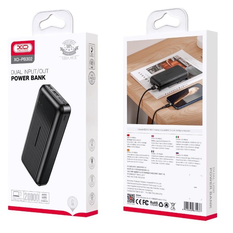 XO PB302 Power Bank 20000mAh με 2 Θύρες USB-A Μαύρο