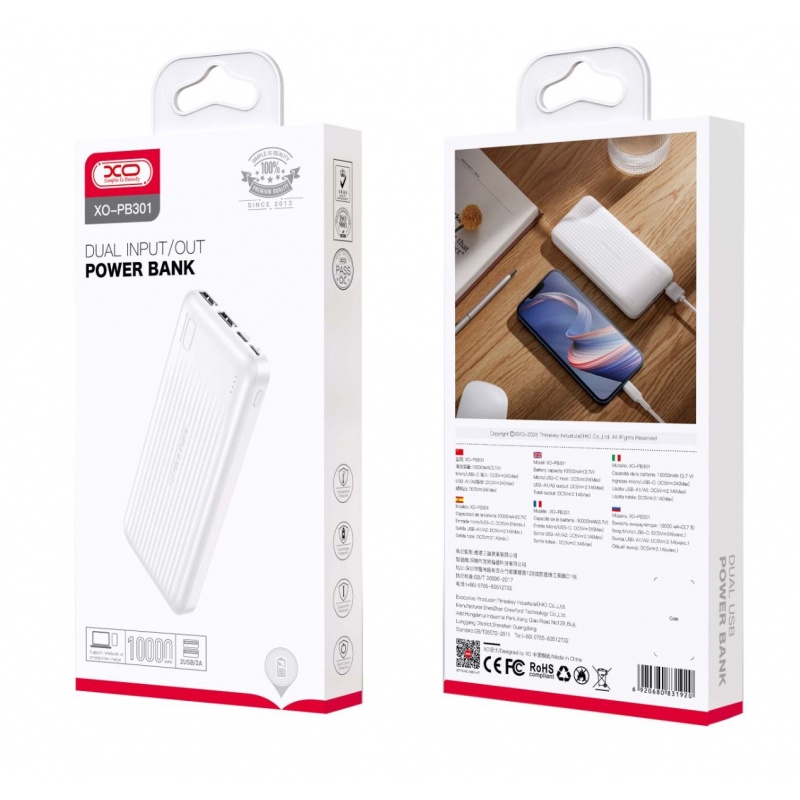 XO PB301 Power Bank 10000mAh με 2 Θύρες USB-A Λευκό
