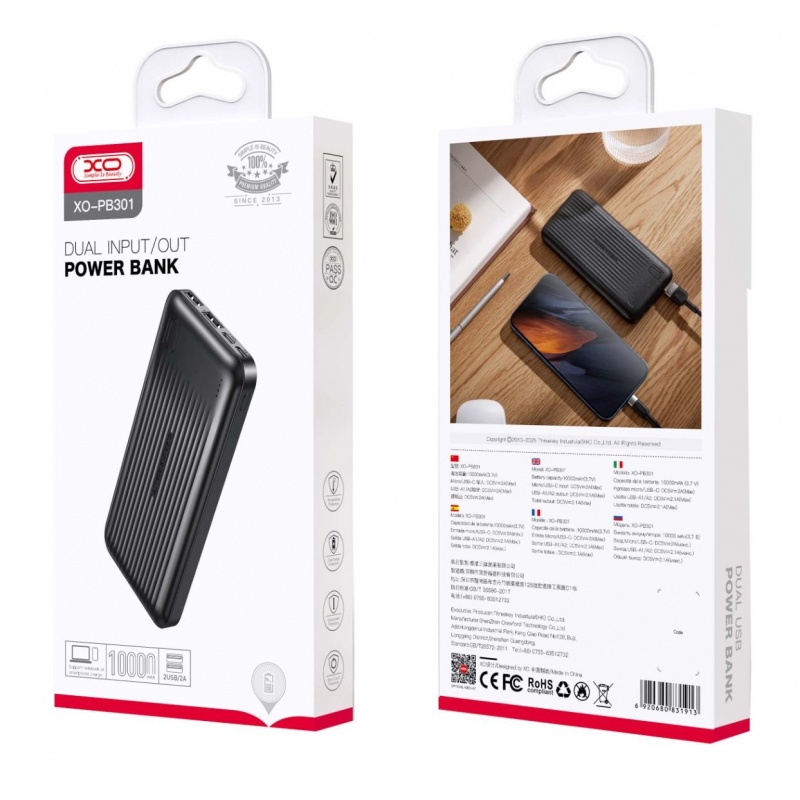 XO PB301 Power Bank 10000mAh με 2 Θύρες USB-A Μαύρο