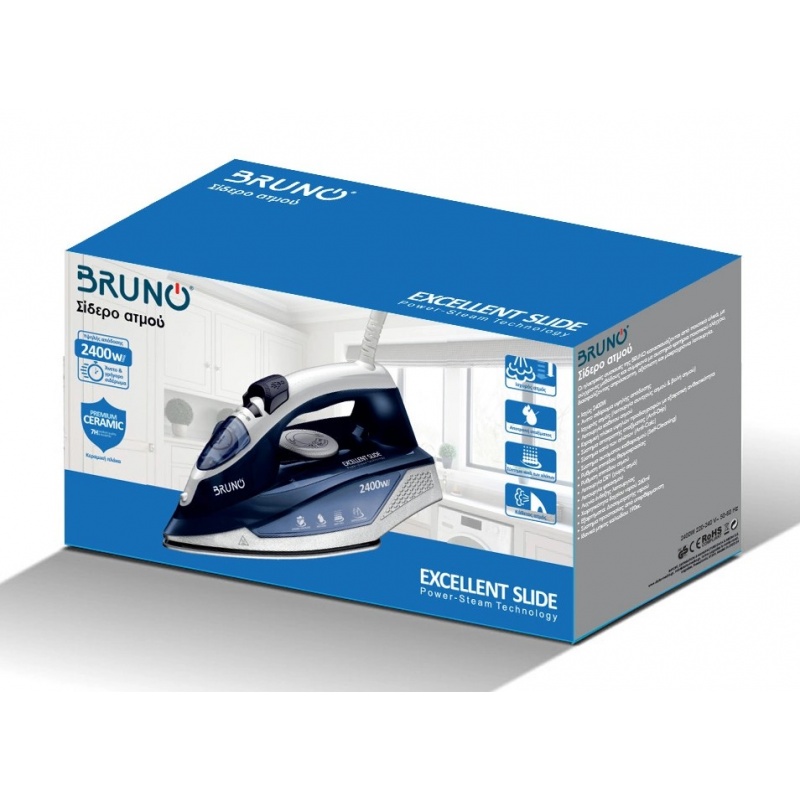 Bruno Σίδερο Ατμού Excellent Slide με Κεραμική Πλάκα 2400W Λευκό-Μπλε (BRN-0145)
