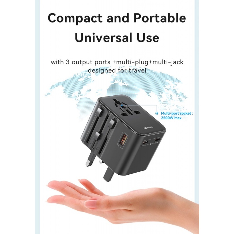 Usams Φορτιστής-Αντάπτορας Ταξιδίου USB & 2x USB-C Universal 25W Μαύρος (CC309TC01)
