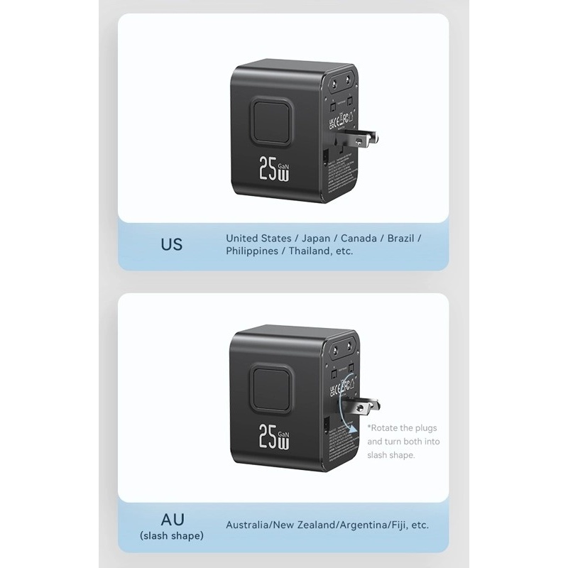 Usams Φορτιστής-Αντάπτορας Ταξιδίου USB & 2x USB-C Universal 25W Μαύρος (CC309TC01)