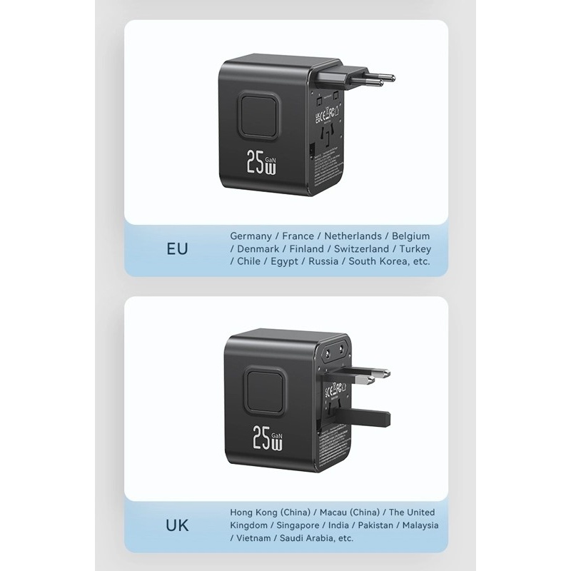 Usams Φορτιστής-Αντάπτορας Ταξιδίου USB & 2x USB-C Universal 25W Μαύρος (CC309TC01)
