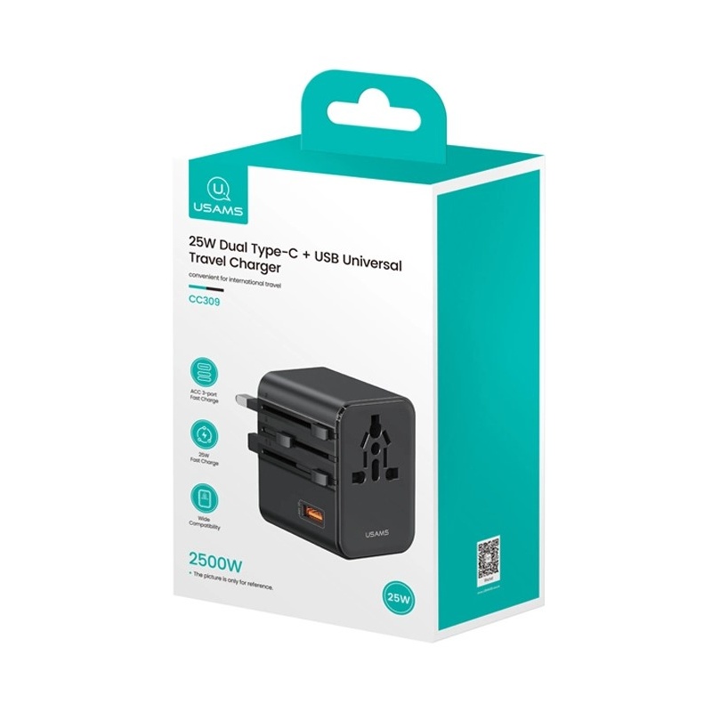 Usams Φορτιστής-Αντάπτορας Ταξιδίου USB & 2x USB-C Universal 25W Μαύρος (CC309TC01)