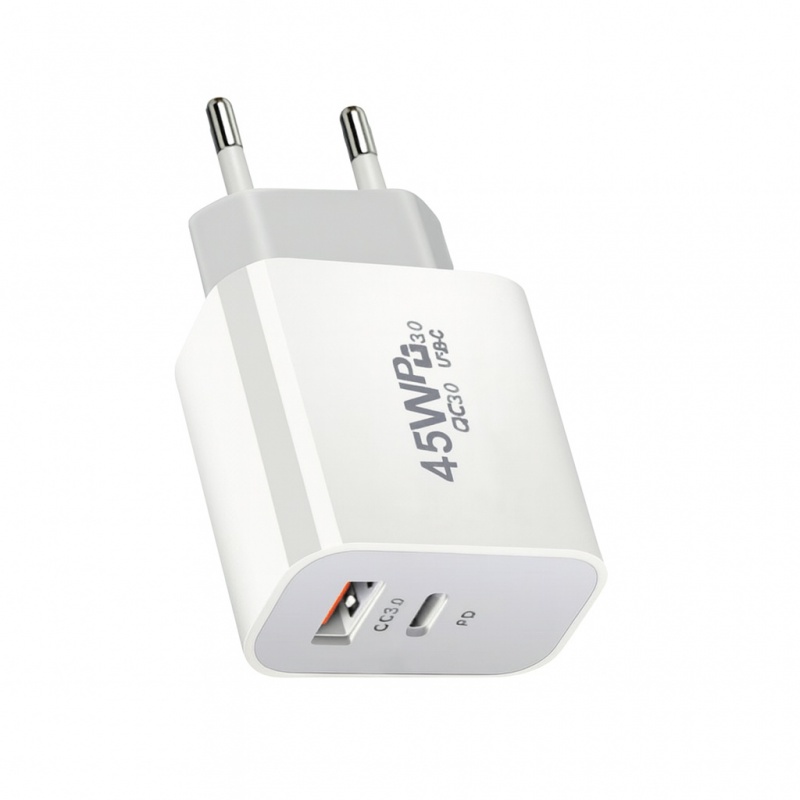 Lucas 45W QC3.0+PD dual USB Φορτιστής Γρήγορης Φόρτισης Λευκός (E23)