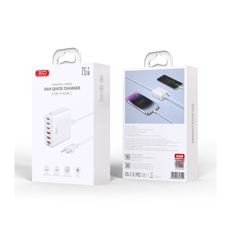 XO L133 EU Φορτιστής 75W GaN 3A+3C Γρήγορης Φόρτισης με 1.5m Καλώδιο Λευκός