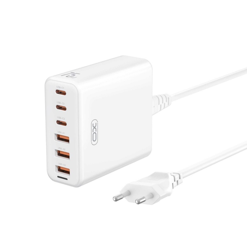 XO L133 EU Φορτιστής 75W GaN 3A+3C Γρήγορης Φόρτισης με 1.5m Καλώδιο Λευκός