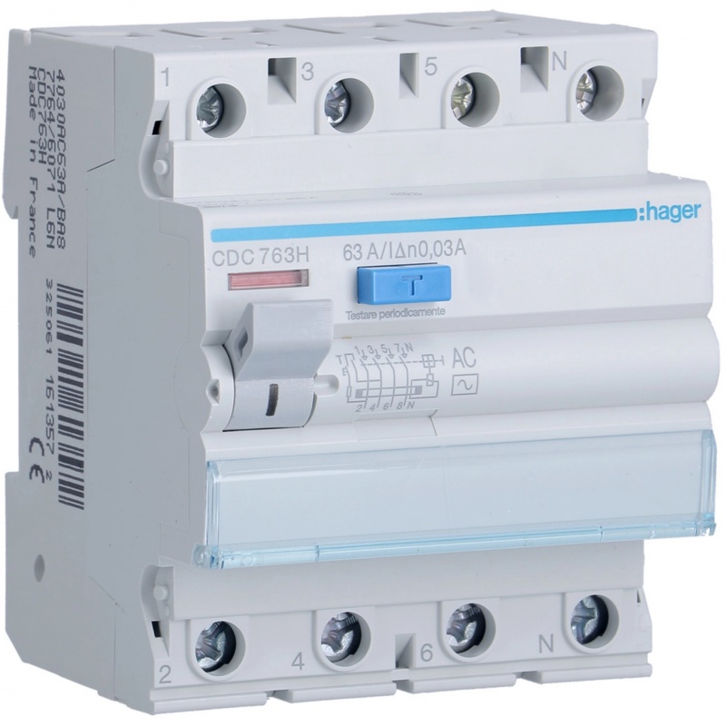 Hager Ρελέ Διαρροής AC 30mA 63A 4P (CDC763H)