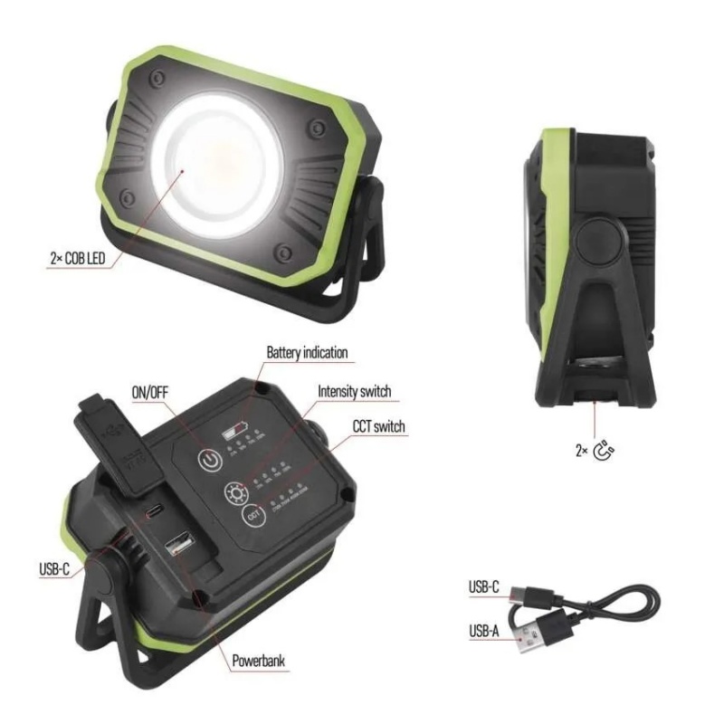 Emos Led Φακός Εργασίας Επαναφορτιζόμενος 900lm & Powerbank Πράσινο-Μαύρο (P4542)