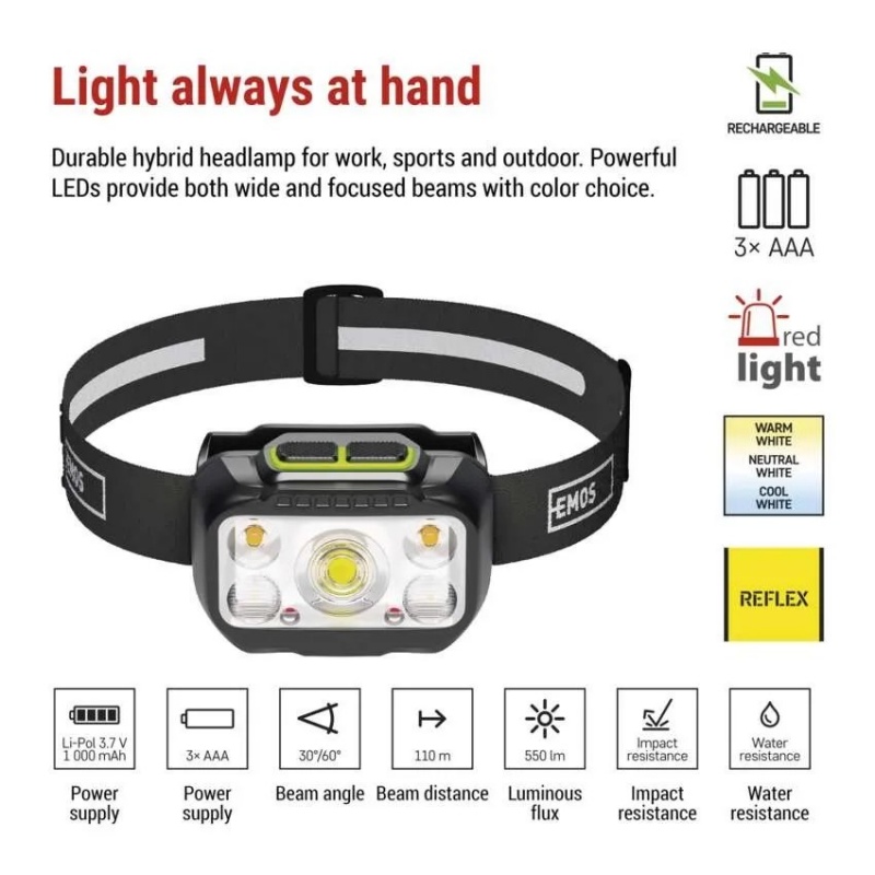 Emos Led Επαναφορτιζόμενος Φακός Κεφαλής 550lm Hybrid Μαύρος (P3546)