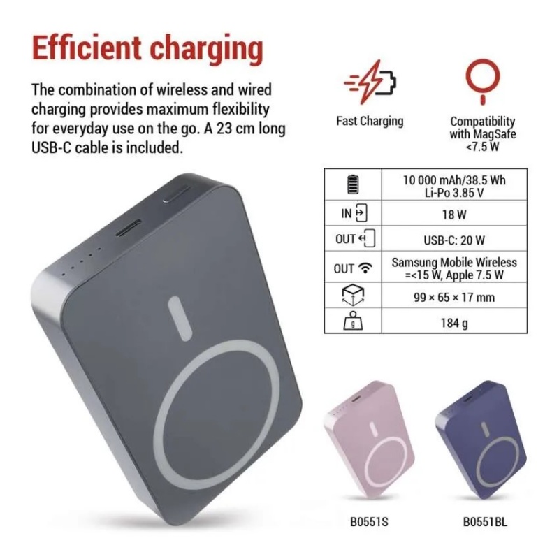 Emos Power Bank Αλουμινίου 10000mAh 20W+Wireless συμβατό με MagSafe Γκρι (B0551GY)