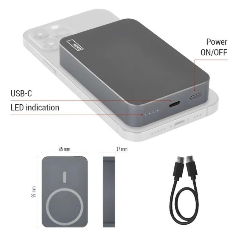 Emos Power Bank Αλουμινίου 10000mAh 20W+Wireless συμβατό με MagSafe Γκρι (B0551GY)