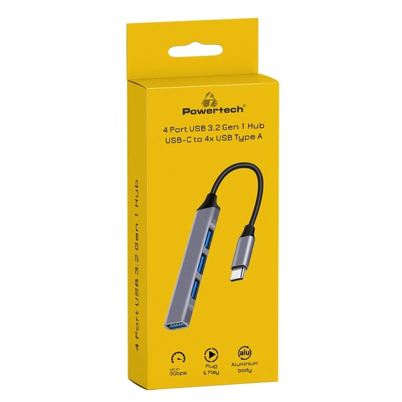 Powertech USB Hub 4x Θυρών 5Gbps με σύνδεση USB-C Γκρι (PT-1113)