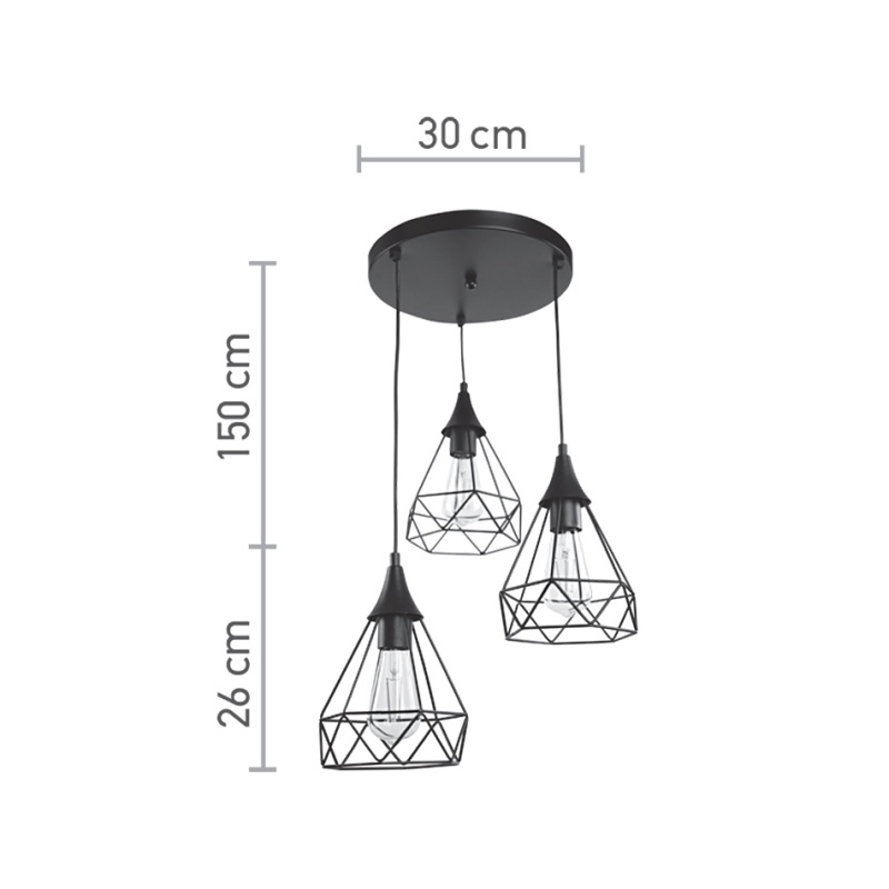 InLight Κρεμαστό φωτιστικό από μαύρο μέταλλο 3XE27 D: 30cm (4024-3-BL-ROSETTE)