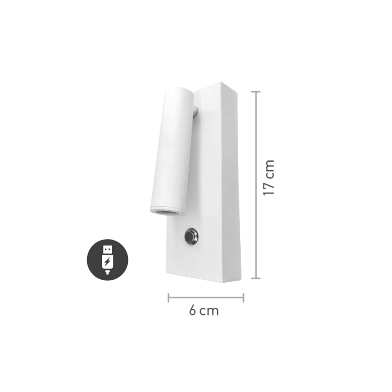 InLight Επιτοίχιο Φωτιστικό LED Λευκό 3W – Spot με USB & Type-C (43037-WH)