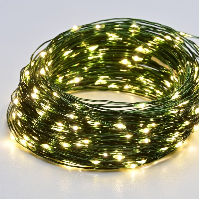 Λαμπάκια 100 LED σε Σειρά Θερμό Λευκό Καουτσούκ ανά 10mm Αντάπτορα 3.5VDC με 8 Προγράμματα & Καλώδιο Χαλκού Πράσινο 3m IP44 10mm