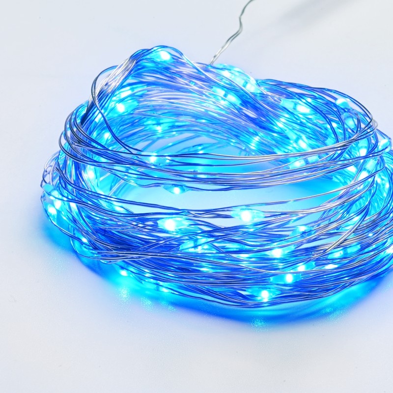 Λαμπάκια 100 LED σε Σειρά Μπλε Ασημί με μπαταρίες 3xΑΑ Χρονοδιακόπτη & Καλώδιο Χαλκού 10m IP44 10mm (X01100615)